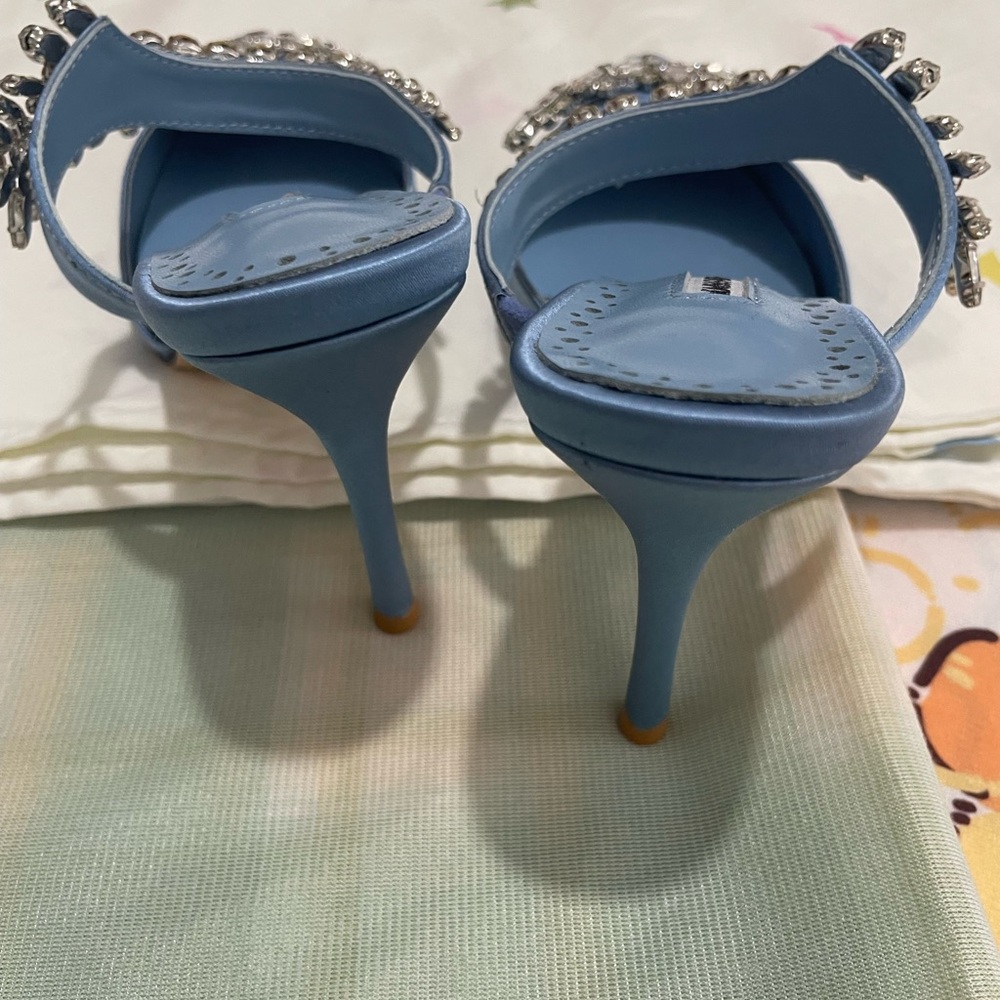 Manolo Blahnik Sky Blue Jeweled Satin Pointed-Toe Mules - Picture 9 of 10